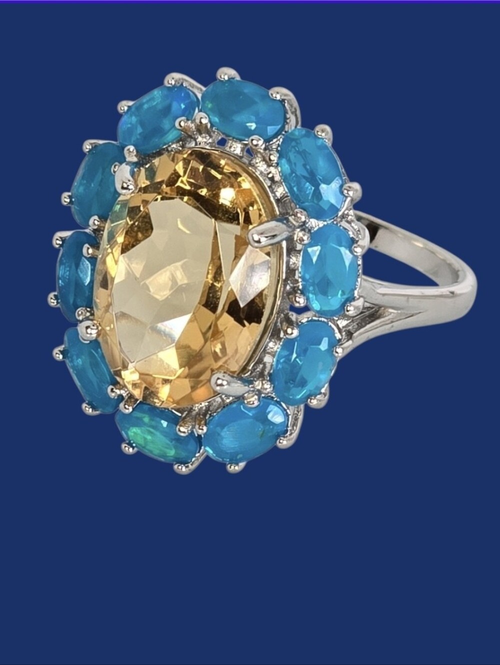 925 Sterling Silver Ring With Natural Citrine & Blue Opal Gems